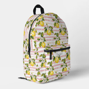 Sac À Dos Imprimé Citrons et fleurs vintages sur bandes rose et blan