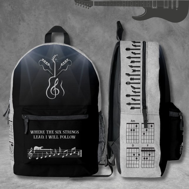 Sac À Dos Imprimé Clef de sol unique en rock noir et gris pour guita (Unique electric guitar design black & gray bag for the rockstar music lover)