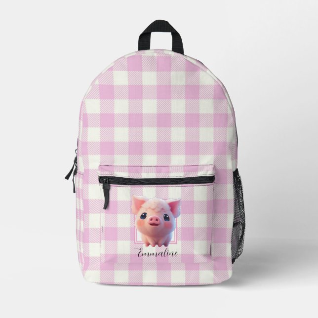 Sac À Dos Imprimé Cochon rose blanc plaid classique personnalisez (Recto)