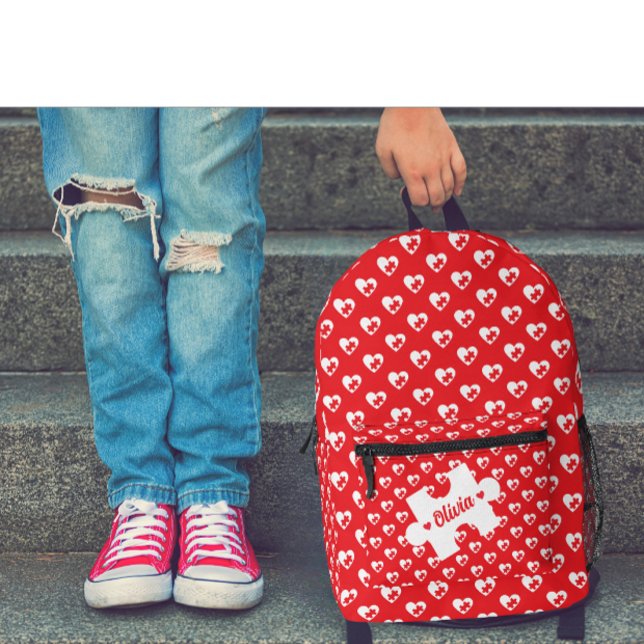 Sac À Dos Imprimé Cœur moderne et pièces de puzzle | Saint-Valentin  (Modern valentine day love and puzzle pieces custom name backpack )