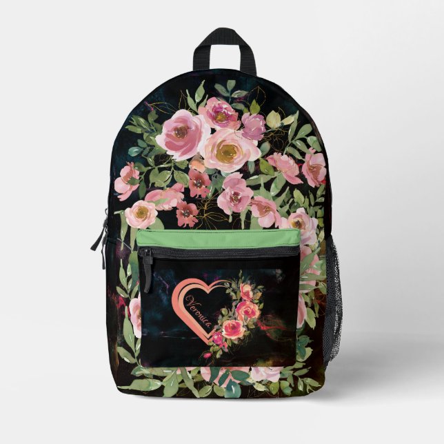 Sac À Dos Imprimé Cœur rose sur fond noir  (Recto)