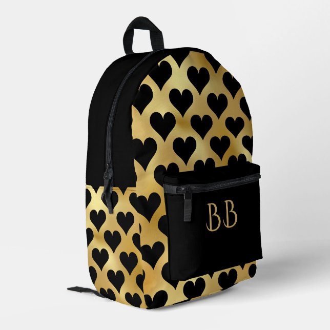 Sac À Dos Imprimé Coeurs noirs tendance sur or avec initiales person (Coin arrière gauche)
