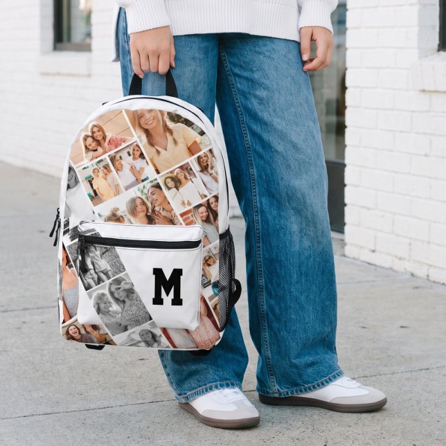Sac À Dos Imprimé Collage photo de meilleures amies avec monogramme  (Custom Name Monogram Best Friends Photo Collage Printed Backpack)