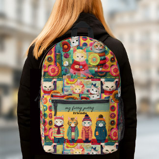 Sac À Dos Imprimé Coloré Funny Chats Quilt Patchwork Retro