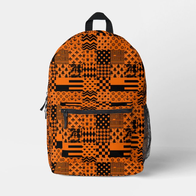 Sac À Dos Imprimé Conception de Patchwork Motif mixte orange noir (Recto)