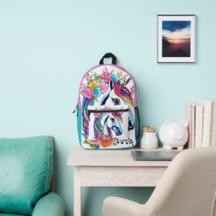 Sac À Dos Imprimé Conception Unicorne Florale colorée Personnalisée