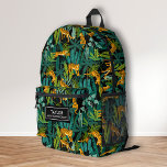 Sac À Dos Imprimé Cool Tigre Jungle Animal, Nom personnalisé Texte<br><div class="desc">Super fun sac à dos avec un motif jungle et un étiquette de nom personnalisé. Ajoutez une ligne supplémentaire de texte - numéro de téléphone, nom de l'équipe, dire, etc. - ou supprimez. Assez spacieux pour les livres, l'ordinateur, l'équipement sportif et plus - ou comme un sac de voyage ou...</div>