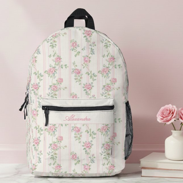 Sac À Dos Imprimé Coquette Florale Rose (cute pink coquette roses floral backpack for girls with custom monogram name in calligraphy script)