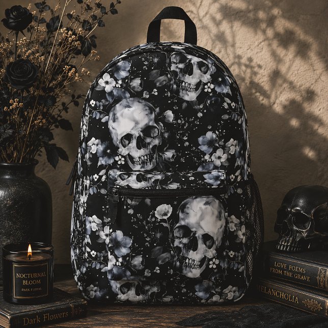 Sac À Dos Imprimé Crânes Floraux Gothiques Noir & Blanc (Créateur téléchargé)