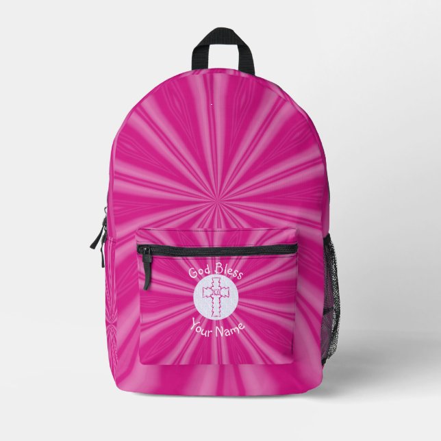 Sac À Dos Imprimé Croix chrétienne rose zig zag personnalisée (Recto)