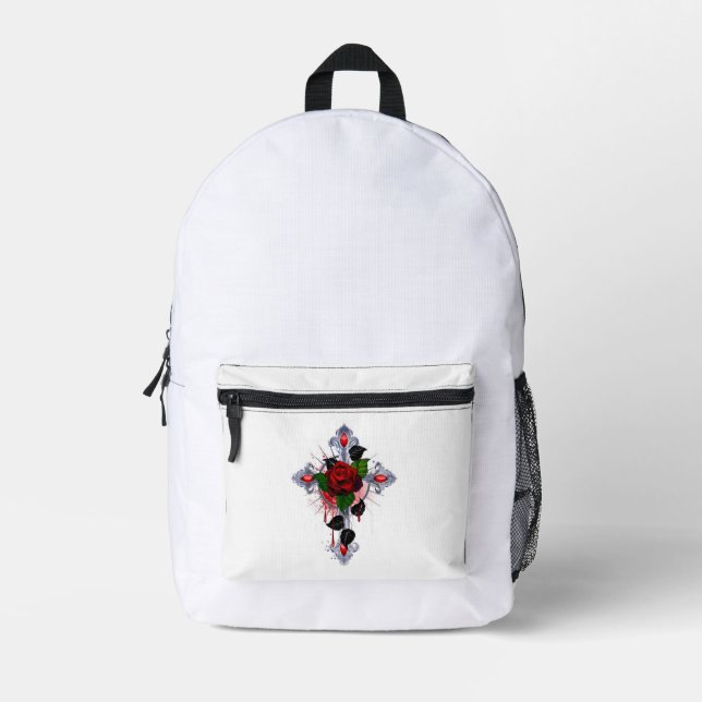 Sac À Dos Imprimé Croix d'argent avec une rose rouge (Recto)