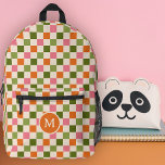 Sac À Dos Imprimé Cuisine Rétro Monogramme rose orange vert<br><div class="desc">Ce sac à dos personnalisé amusant et élégant dispose d'un motif en damier dans les tons rétro de rose, orange et vert olive sur un arrière - plan couleur crème. Un modèle de texte initial monogramme est inclus - utilisez-le pour personnaliser votre sac à dos ou le retirer et le...</div>