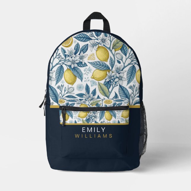 Sac À Dos Imprimé Custom Elegant Mediterranean Lemon Botanical Navy (Recto)
