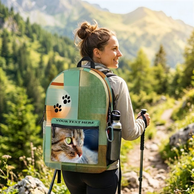 Sac À Dos Imprimé Custom Photo Cat Paw Prints Abstract Geometric (Backpack showing a geometric abstract design in sage teal green with custom cat photo and paw prints)