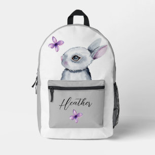 SAC À DOS IMPRIMÉ CUTE BUNNY VIOLET FLEURS GRAY BLANC NOM PERSONNALI
