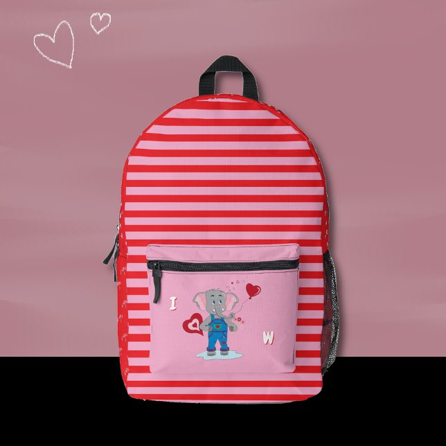 Sac À Dos Imprimé Cute Elephant Pink and Red Kid Monogram Backpack  (Cute pink and red backpack featuring a cartoon elephant , a stripe pattern and some tiny hearts .)