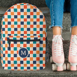 Sac À Dos Imprimé Cute Retro Checkerboard Monogramme Marine Orange T<br><div class="desc">Ce sac à dos personnalisé amusant et élégant dispose d'un motif en damier dans les tons rétro bleu marine, rouge orange vif, orange clair / jaune, turquoise et crème. Un modèle de texte initial monogramme est inclus - utilisez-le pour personnaliser votre sac à dos ou le retirer et le cercle,...</div>