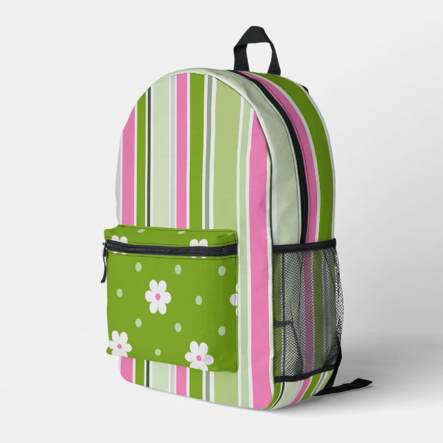 SAC À DOS IMPRIMÉ DAISIES ROSES ET BLANCHES ET STRIPES BLANCS VERTS  (Coin arrière droit)