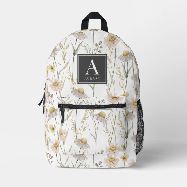 Sac À Dos Imprimé Daisy Floral Pattern Aquarelle Monogramme (Recto)