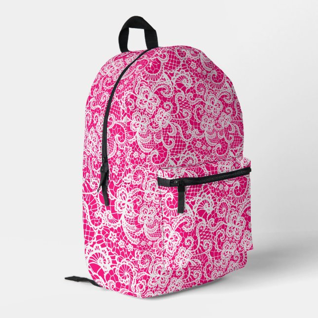 Sac À Dos Imprimé Dentelle blanche sur rose vif (Coin arrière gauche)