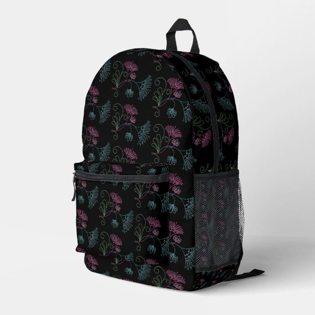 Sac À Dos Imprimé Design Fleur Glitter Sur Noir (Coin arrière droit)