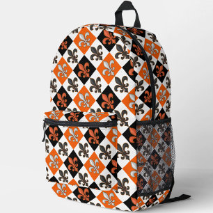 Sac À Dos Imprimé Design Orange Noir Blanc À damiers Fleur de lis