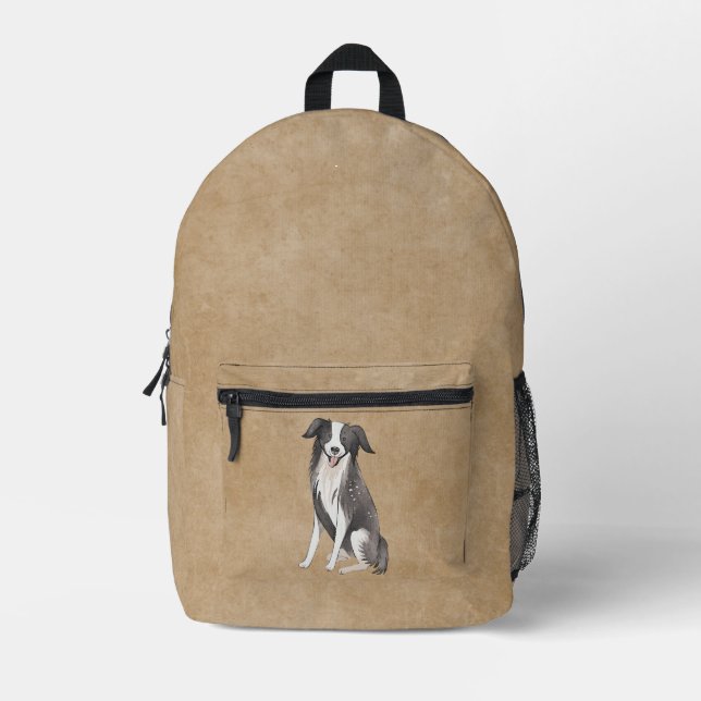 Sac À Dos Imprimé Dessin de Border Collie Beige Rustique (Recto)