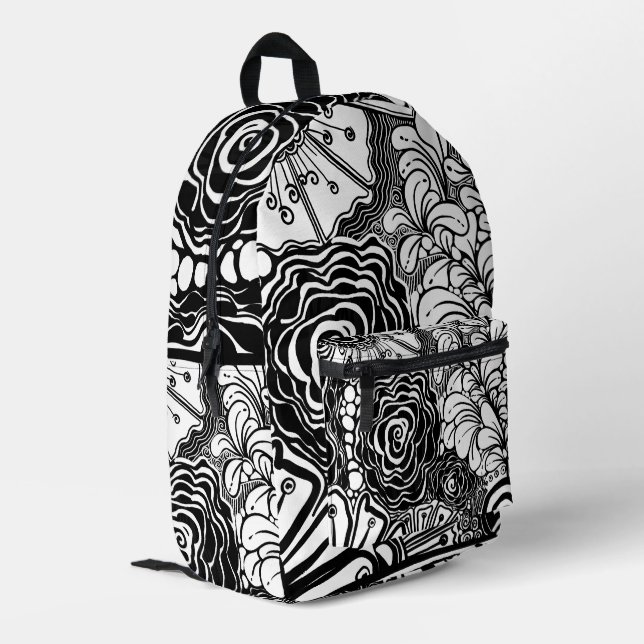 Sac À Dos Imprimé Dessin Floral Zen Noir Et Blanc (Coin arrière gauche)