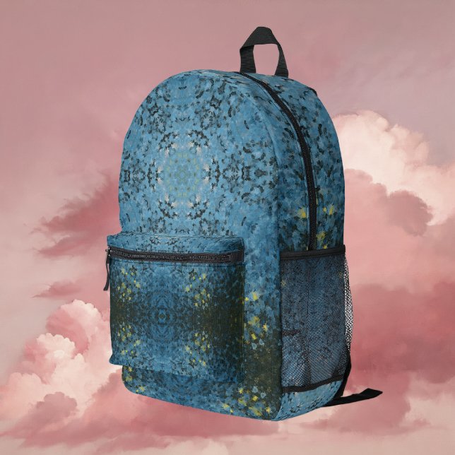 Sac À Dos Imprimé Digital Mandala bleu et jaune (Blue and Yellow Digital Paint Mandala Backpack By Wormhole Orbital)