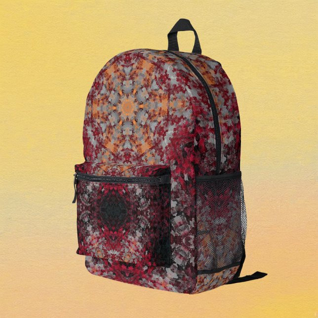 Sac À Dos Imprimé Digital Mandala rouge blanc orange et noir (Red White Orange and Black Digital Paint Mandala Backpack By Wormhole Orbital)