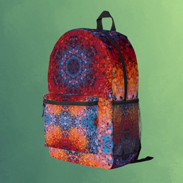 Sac À Dos Imprimé Digital Mandala rouge orange et bleu (Créateur téléchargé)