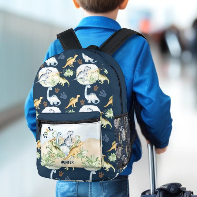 Sac À Dos Imprimé Dinosaur Cute Blue Nom Personnalisé Garçon (Dinosaur Cute Blue Custom Name Boy Printed Backpack)