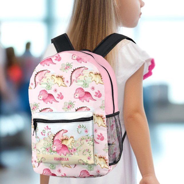 Sac À Dos Imprimé Dinosaur Girl Pink Pastel Cute Nom Floral (Dinosaur Girl Pink Pastel Cute Floral Name Printed Backpack)