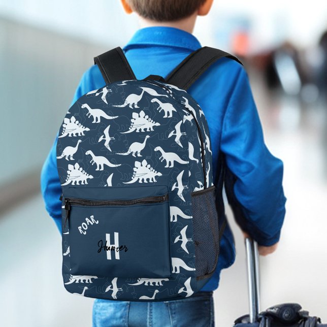 Sac À Dos Imprimé Dinosaure Bleu foncé Nom personnalisé Monogramme G (Dinosaur Dark Blue Custom Name Monogram Boy Printed Backpack)