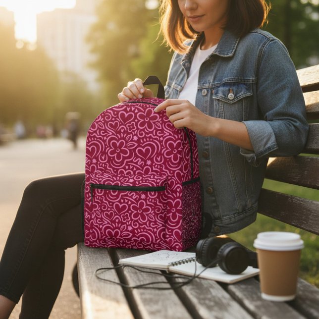 Sac À Dos Imprimé Doodle moderne Whimsical Rouge Rose Flower Heart (Créateur téléchargé)