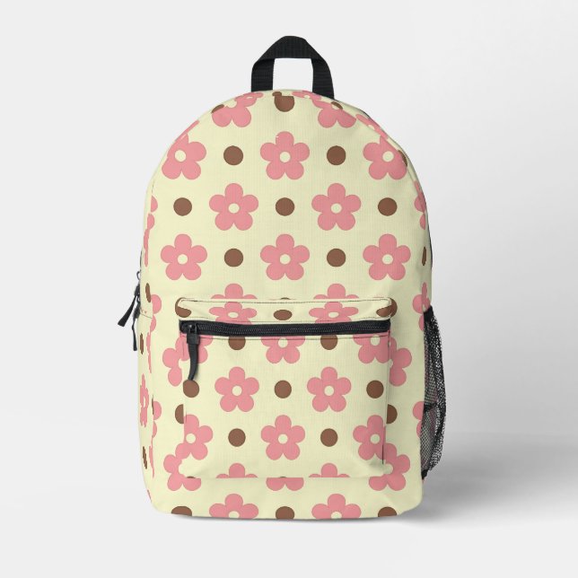 Sac À Dos Imprimé Douce Florale Rose et Motif à Points Marron Rétro (Recto)