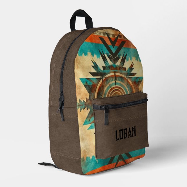 Sac À Dos Imprimé Éclat de soleil amérindien sur daim marron (Coin arrière gauche)