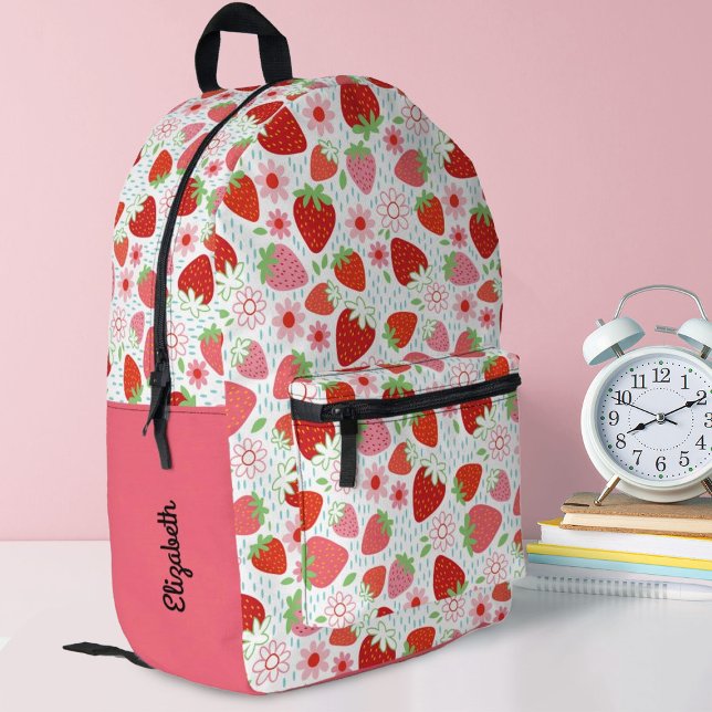 Sac À Dos Imprimé École de filles aux fraises rouges mignonnes (A cute Strawberry pattern decorates this school backpack. Personalize it with your name. )