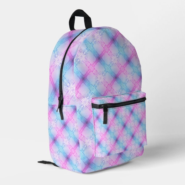 Sac À Dos Imprimé Electric Neon Pink Blue Pastel Trans Pride Plaid (Coin arrière gauche)