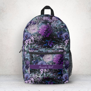 Sac À Dos Imprimé Élégant bleu violets floral monogrammé