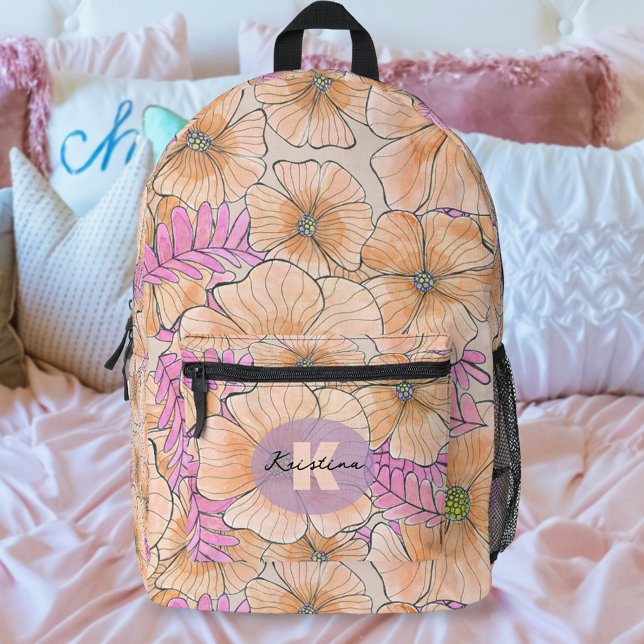 Sac À Dos Imprimé Elégant Bohème Aquarelle Peach Fleurs roses (Créateur téléchargé)