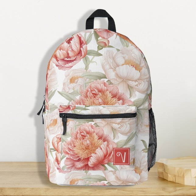 Sac À Dos Imprimé Élégant Botanique Camellia Pink Pastel Personnalis (Elegant and chic botanical camellia pink pastel name custom backpacks for teen girl, back to school)