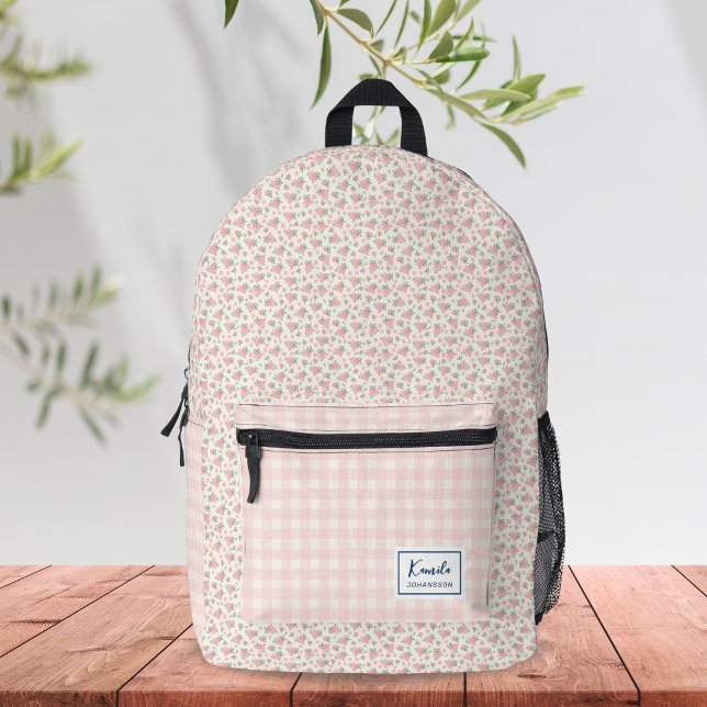 Sac À Dos Imprimé Élégant Moderne Gingham Floral Rose Pâle Beige (Créateur téléchargé)