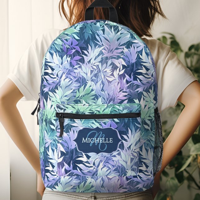 Sac À Dos Imprimé Élégant Monogramme bleu Feuilles verts (Créateur téléchargé)