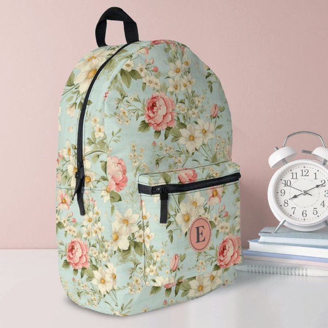 Sac À Dos Imprimé Élégant Monogramme de filles florales botaniques (A pretty floral girls school backpack. Personalize it with your monogram initial.)