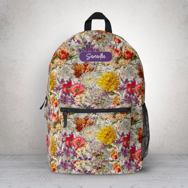 Sac À Dos Imprimé Élégant monogramme de motif gris fleuri violet (Créateur téléchargé)