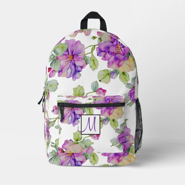 Sac À Dos Imprimé Élégant monogramme floral rose violet (Recto)