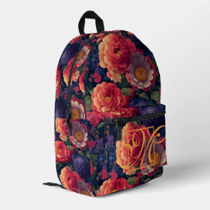 Sac À Dos Imprimé Élégant monogramme romantique orange rouge floral