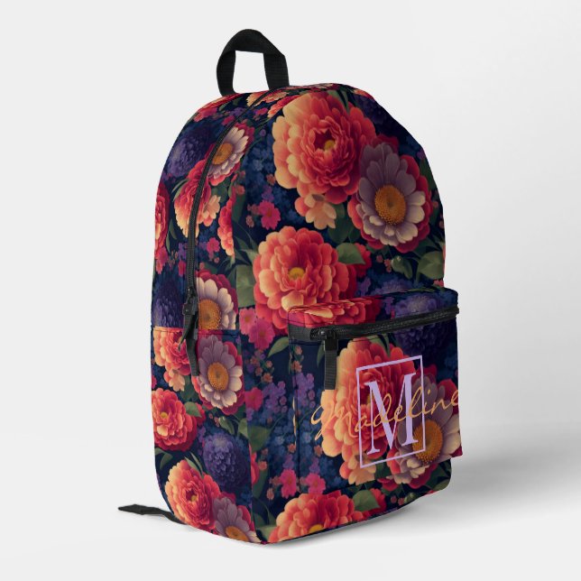 Sac À Dos Imprimé Élégant monogramme romantique orange rouge floral (Coin arrière gauche)