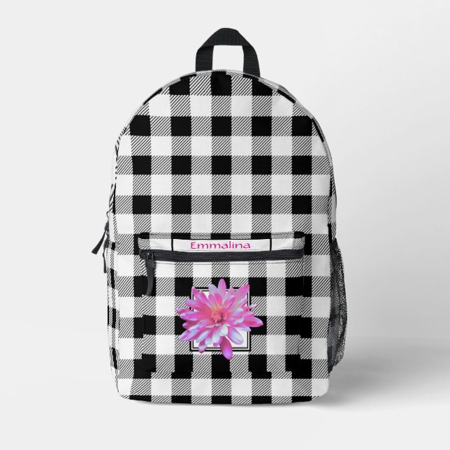 Sac À Dos Imprimé Élégant noir blanc en vichy boho rose floral (Recto)
